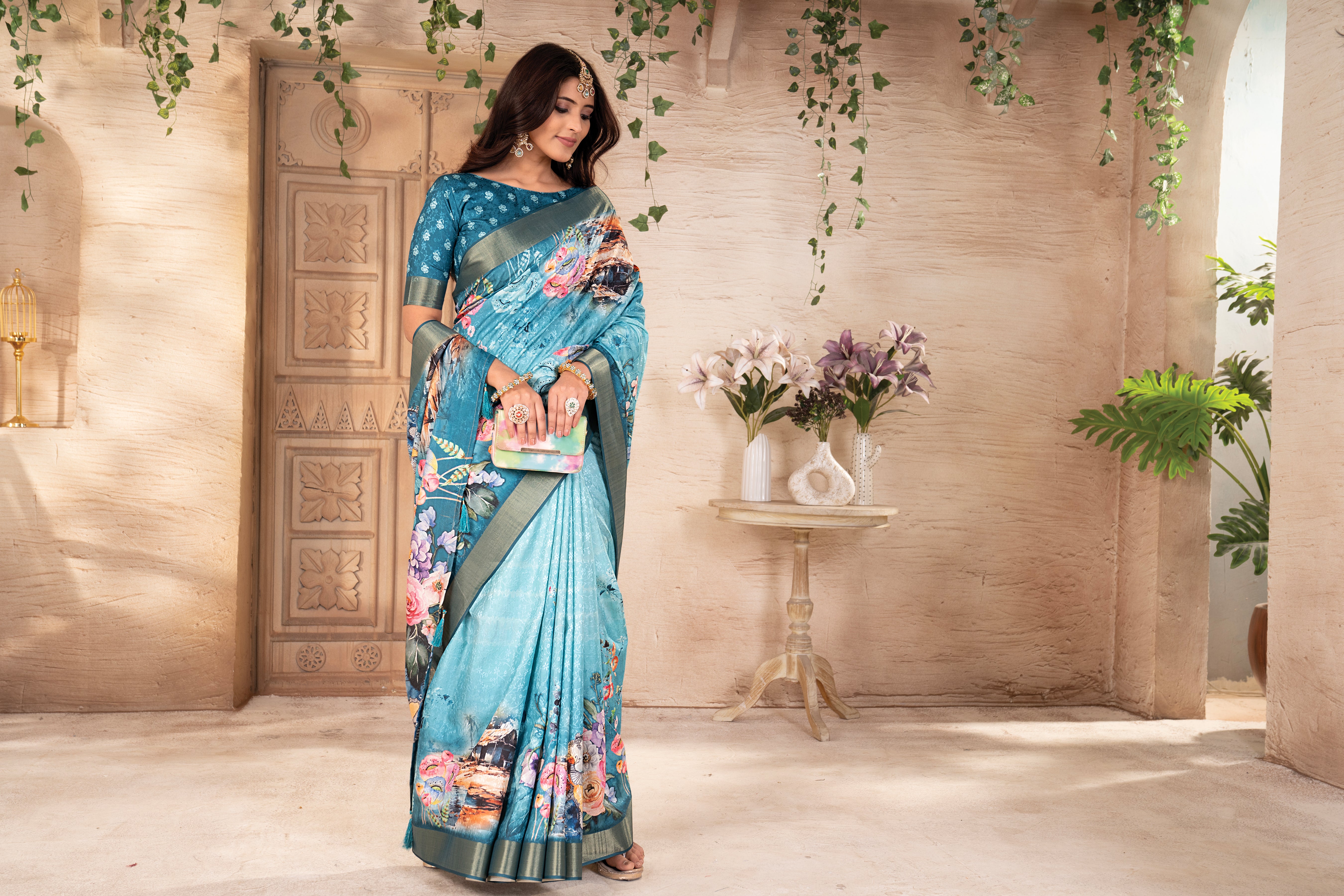Rama Blue Tussar Silk Floral Saree